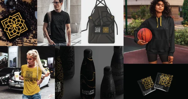 Black Lotus merchandise: shirts, apron, hoodie and bottles